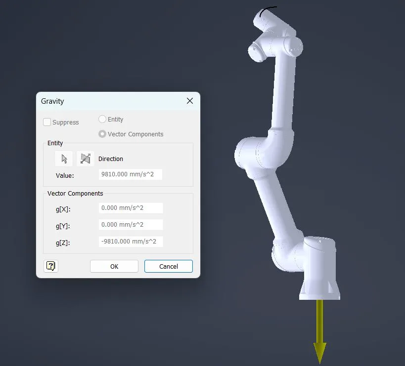Dynamic Simulation gravity vector setup in Inventor