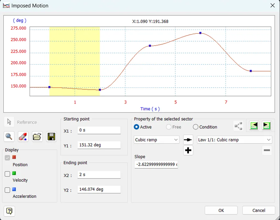 Imposed cubic ramp motion defined on a revolute joint in Inventor